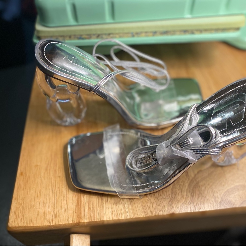 Clear/silver tie up sandals 8/8.5